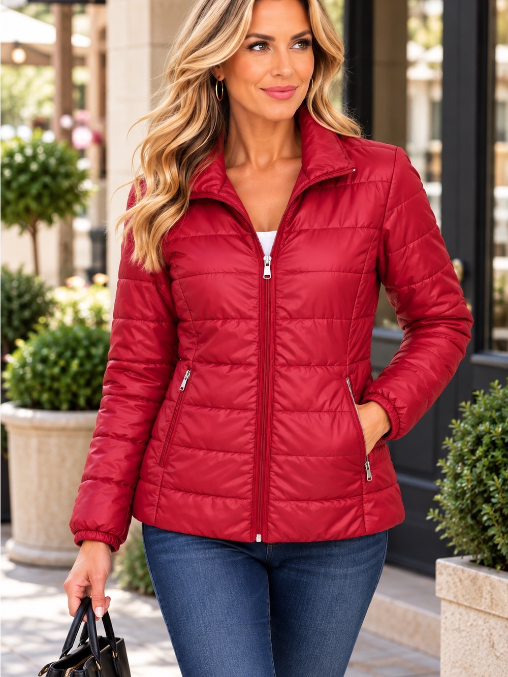 W3 West Loop Lightweight Puffer Jacket Medium Raspberry Red Zip Pockets
